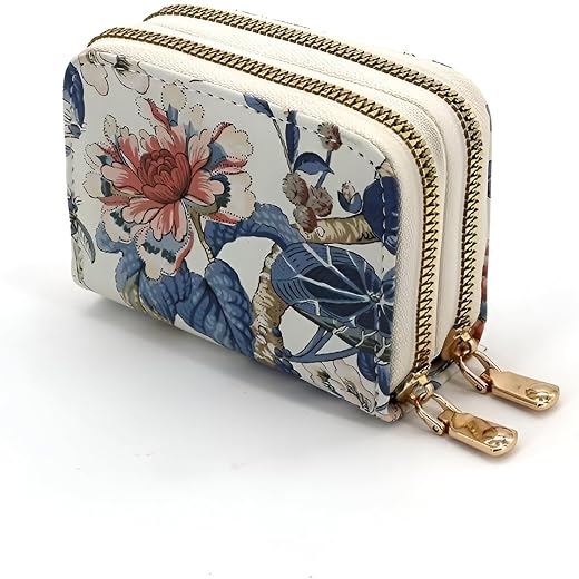 SYGA Women's Zip-Around Wallet with Flower Pattern, Multi-Card Slots and Coin Holder(Blue)