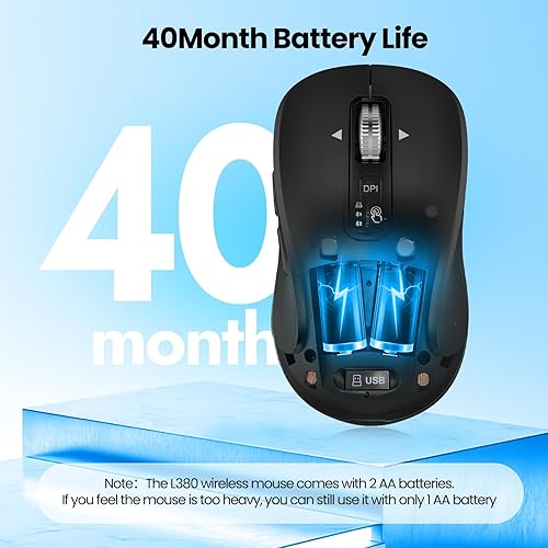 Miniatura 5 de Mouse inalámbrico con 2 Bluetooth y 1 USB, desplazamiento de 4 vías, mouse de tamaño completo, silencioso, batería de larga duración, velocidad de