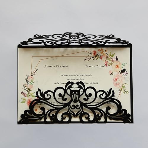 Miniatura 12 de 25 tarjetas de invitaciones de boda cortadas con láser con sobres, hojas interiores en blanco, cintas para bodas, despedidas de soltera, Verde