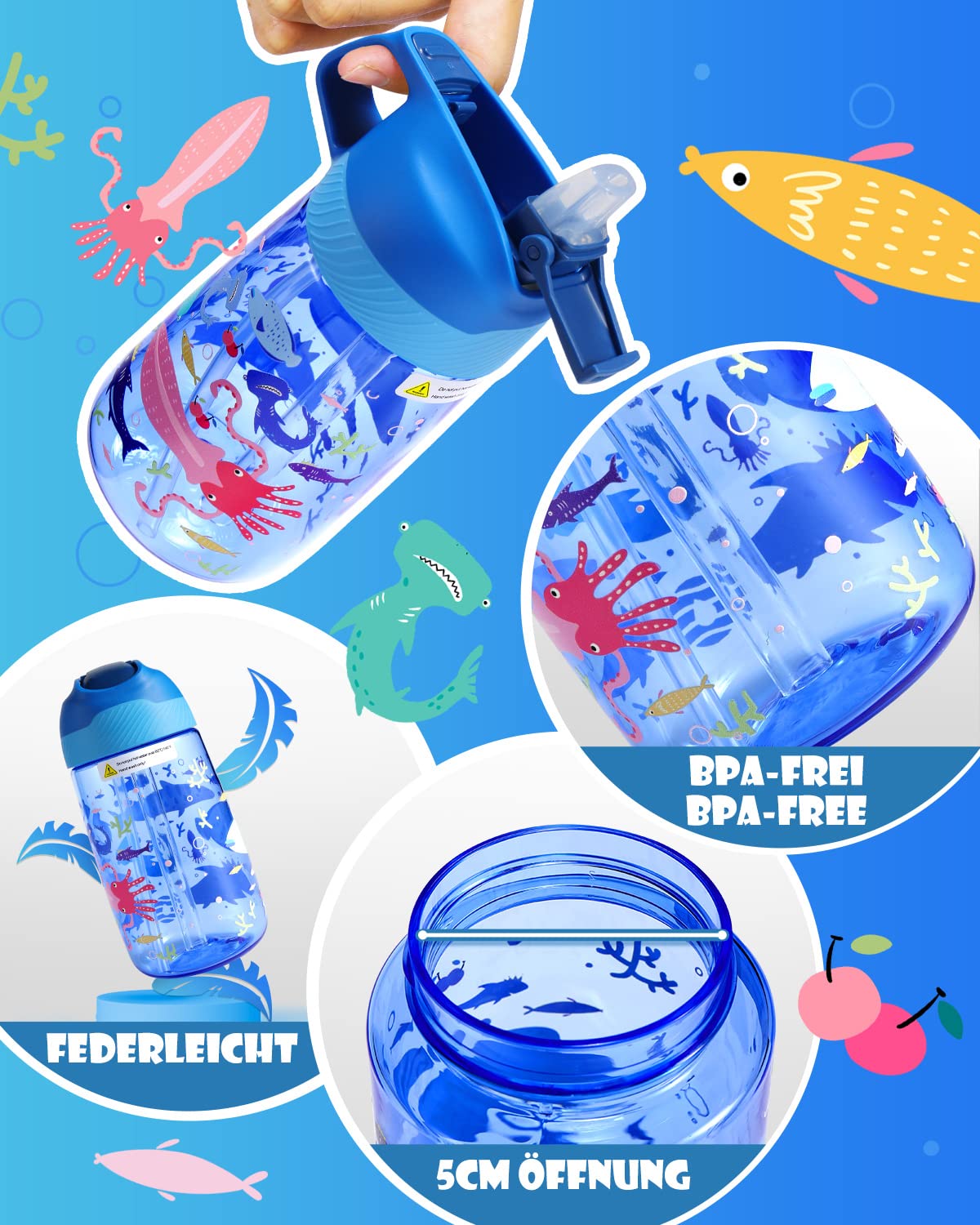 Fjbottle Borraccia Bambini con Cannuccia 450ml, Tritan - Senza BPA/Senza Perdite, Bottiglia Acqua trasparente Plastica riutilizzabile, scuola, asilo - Leggera e Robusta