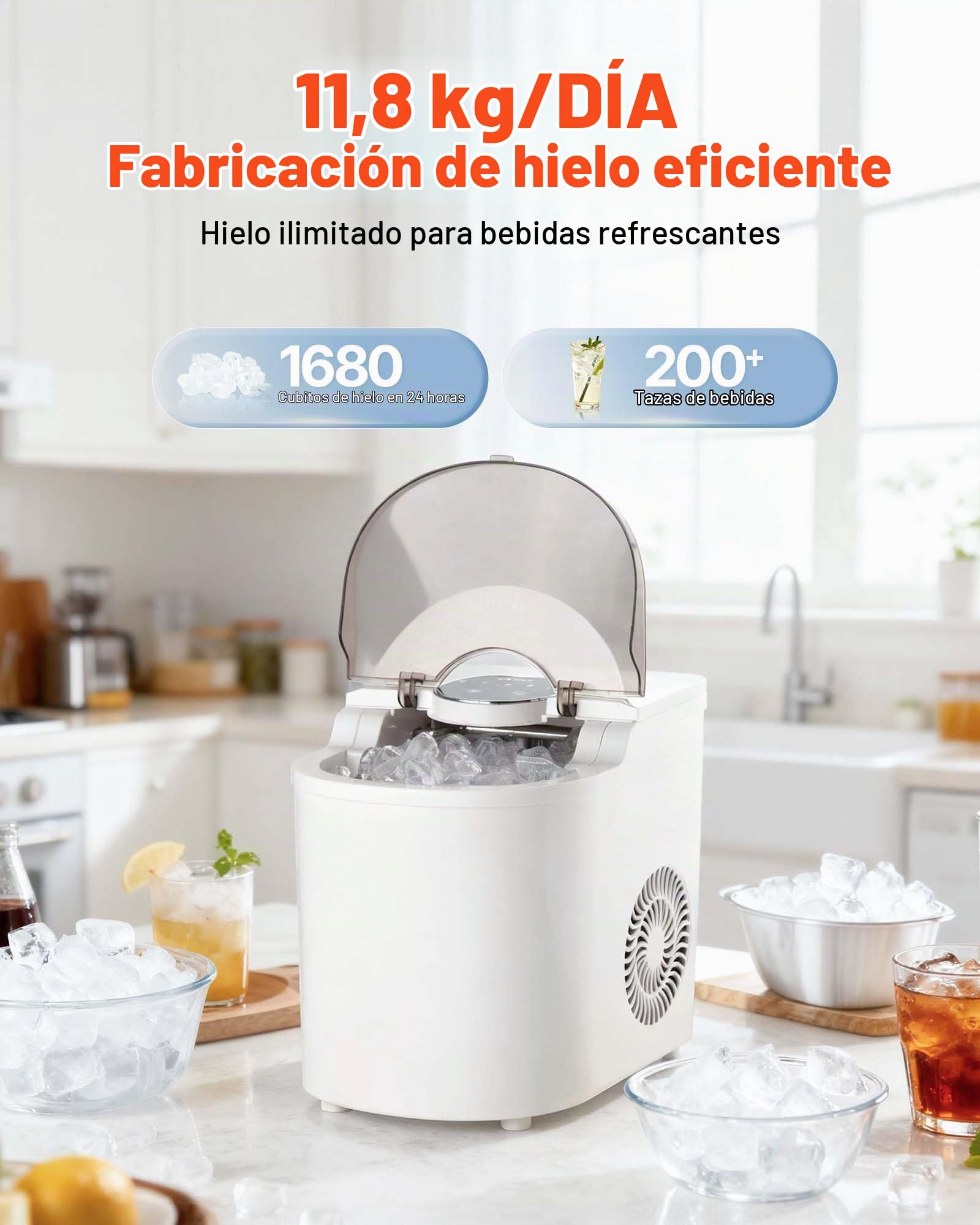 VEVOR Máquina de Hielo de Mesa, 7 Cubitos de Hielo en 6 Minutos, 11,8 kg al Día, Autolimpiable, Helado Esférico, con Pala, ideal para el Hogar, la Cocina, la Oficina, Bares y Fiestas, Blanco