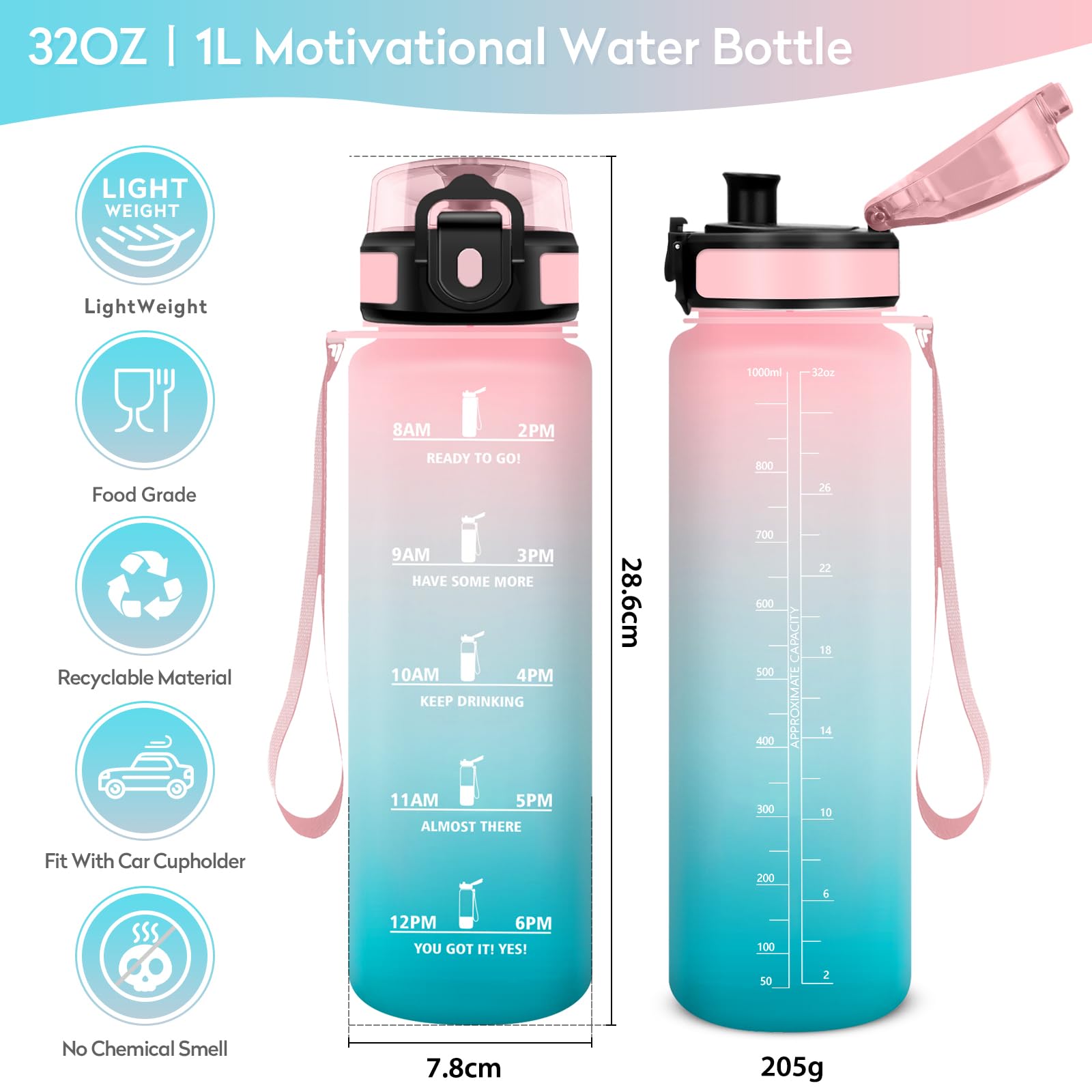 Gourde Motivation 1L Avec Filtre à Fruits – Bouteille Sport Avec Marqueur De Temps – Sans BPA, Pour Fitness, Yoga, Rando