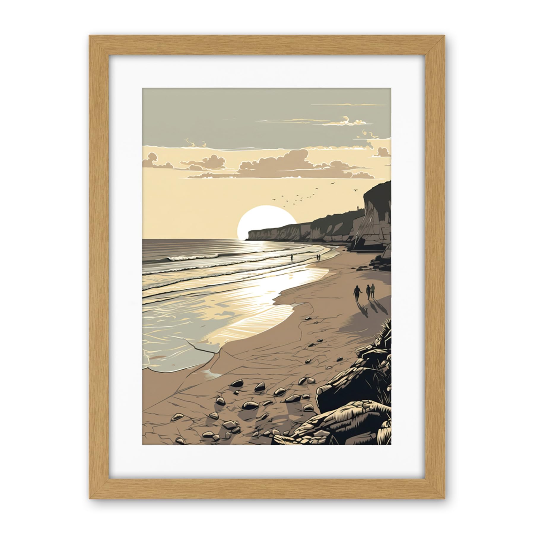 Artery8 Sunrise Walk on Filey Beach Coastal Illustration Artwork Framed Wall Art Print 18X24 Inch