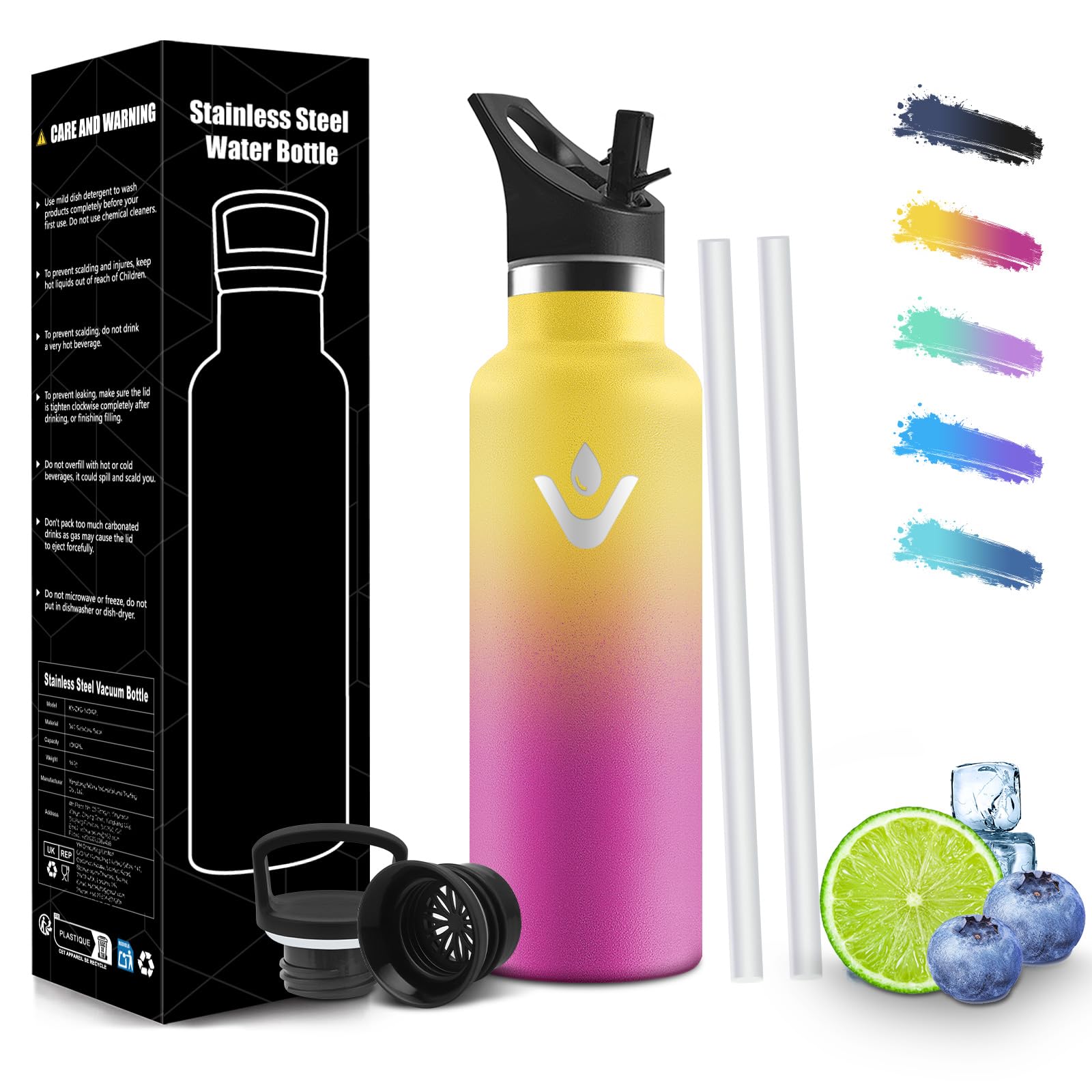 HoneyHolly Trinkflasche Edelstahl 500ML, BPA-Frei, Trinkflasche Kinder, Doppelwandig Vakuumisoliert, Wasserflasche, mit Strohhalm, 18/8 Edelstahl, Sportflasche für Schule, Reisen, Fitness