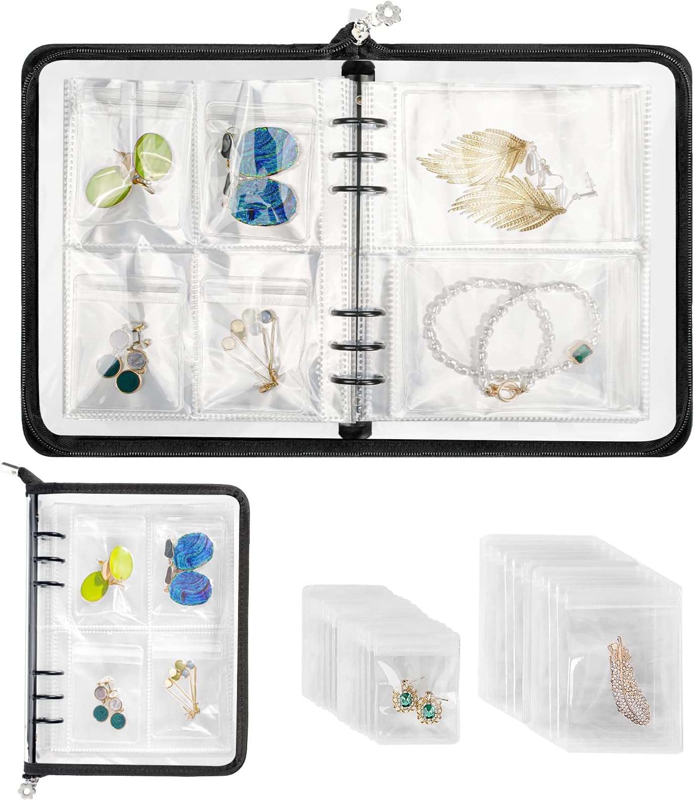 UrossUross Transparent Jewelry Storage Book, Jewelry Earring Organizer, Clear Travel Jewelry Organizer Book, Zipper Jewelry Storage Display for Necklaces Earrings Rings Bracelets with pockets (84 Grids)