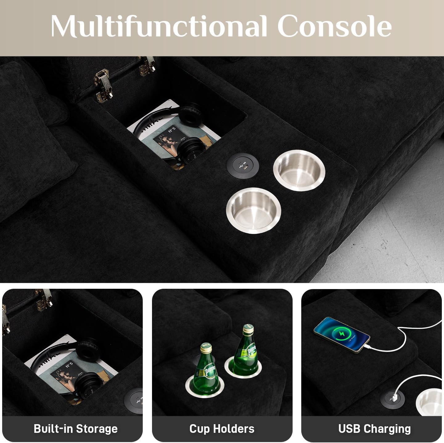 OUYESSIR U-Shaped Sectional Sofa Couch, 4 Seat Sofa Set for Living Room, Convertible U-Shaped Velvet Couch Set with USB Port Central Console Ottoman,128 inches (Black)