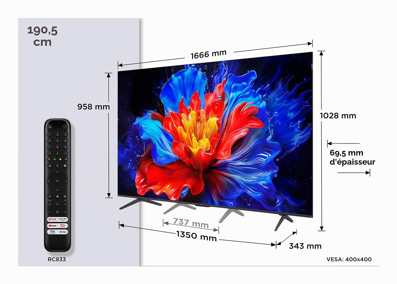 TCL 75P8K Téléviseur QLED 4K HDR UHD Smart Google TV (Dolby Vision & Atmos, 144 Hz Motion Clarity Pro, FreeSync, Onkyo 2.1, Commande vocale, Compatible avec Google Assistant, Google Cast)