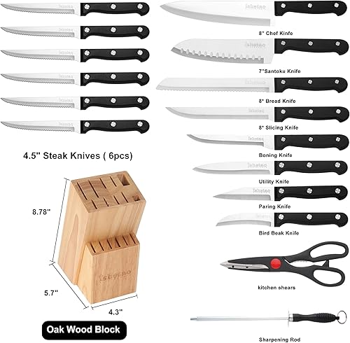 Miniatura 2 de isheTao Juego de cuchillos de cocina de 17 piezas con bloque de madera, juego de cuchillos dentados de triple remache de espiga completa, apto para