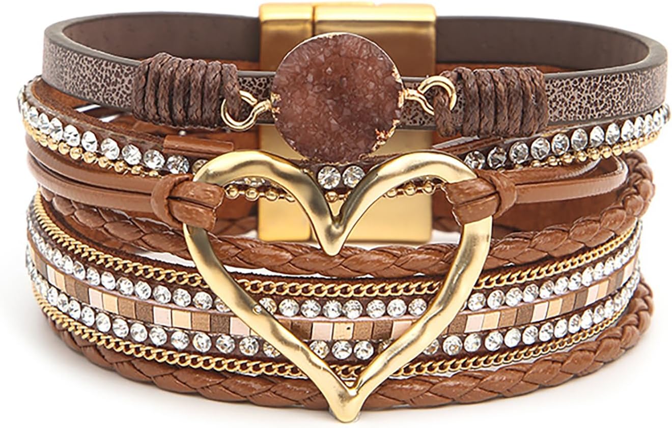 Love Heart Leather Boho Trendy Wrap Stackable Multilayer Bracelets Wide Cuff Bangle Jewelry Gift For Women