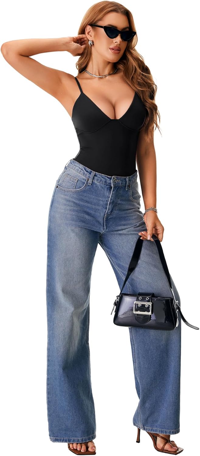 Rooscier Women's Deep V Neck Spaghetti Strap Sleeveless Sexy Going Out Bodysuits - Image 6