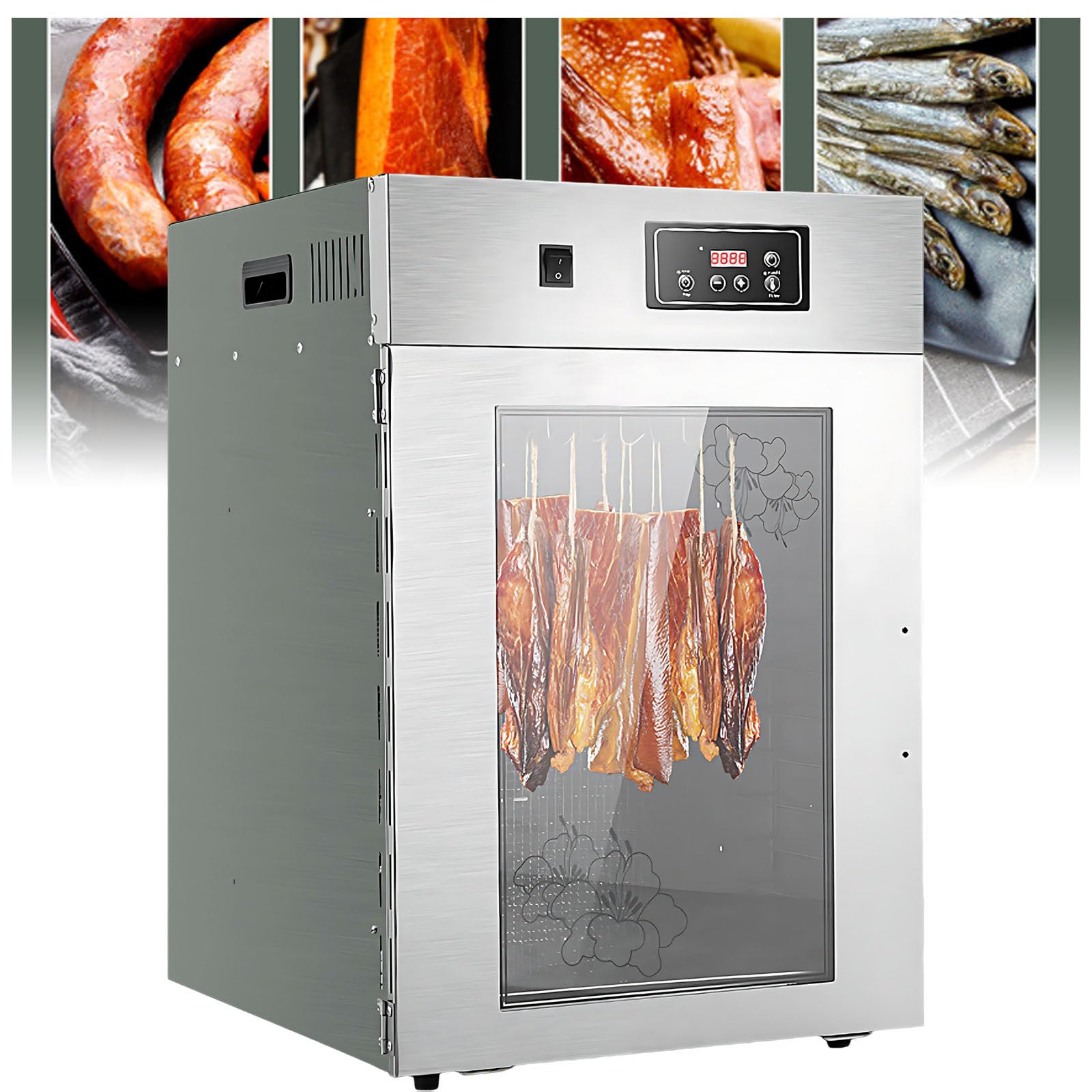 Caja de secado Biltong de acero inoxidable, deshidratador de alimentos y armario de secado de 800 W, deshidratador de alimentos grande con 14 ganchos para colgar, control inteligente LED para secar