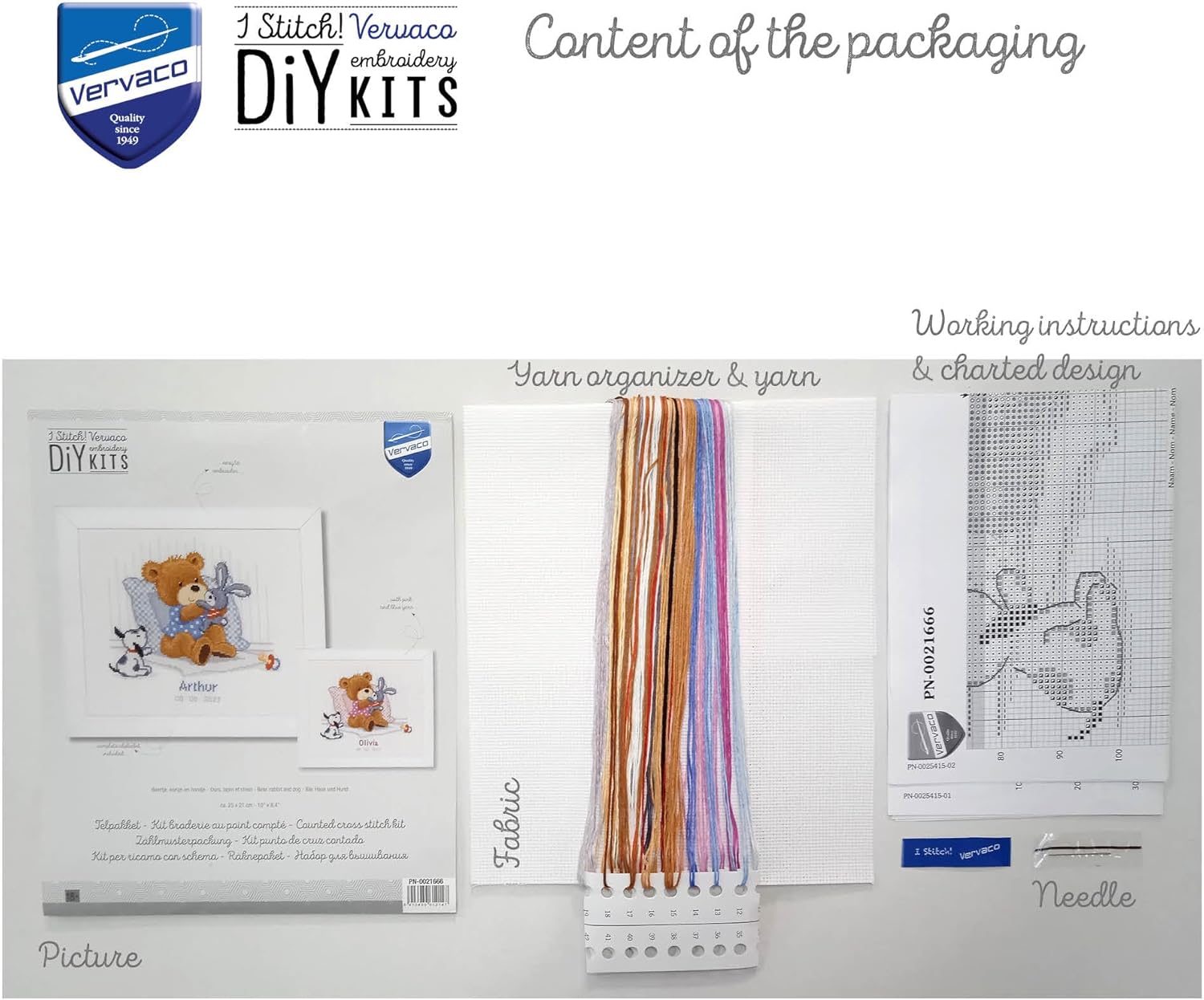 Vervaco Counted Stitch Kit, Bear, Rabbit and Dog, White, Approx. 25 x 21 cm