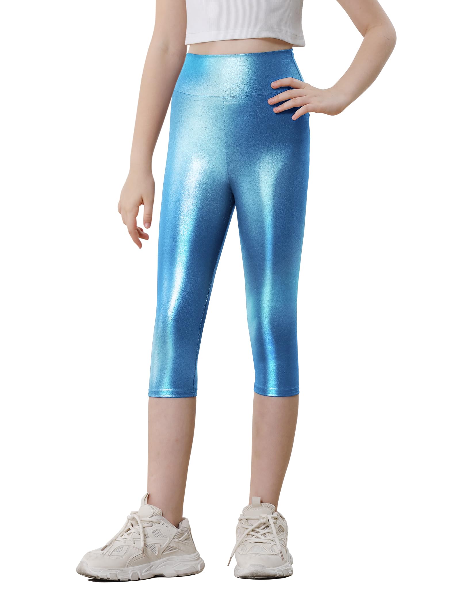 Girls Capri Leggings Stretchy Cropped Tights Metallic Dance Yoga Pants for Kids Teens Running Party