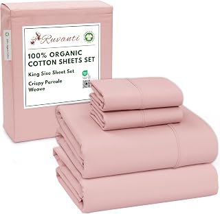 RUVANTI 100% Organic Cotton Sheets King Size, Percale Weave, GOTS Certified, 4-Piece Set, Deep Pocket 15", Crisp & Breathable, Soft Durable Bedding, Sábanas Algodón Orgánico – Peach Skin