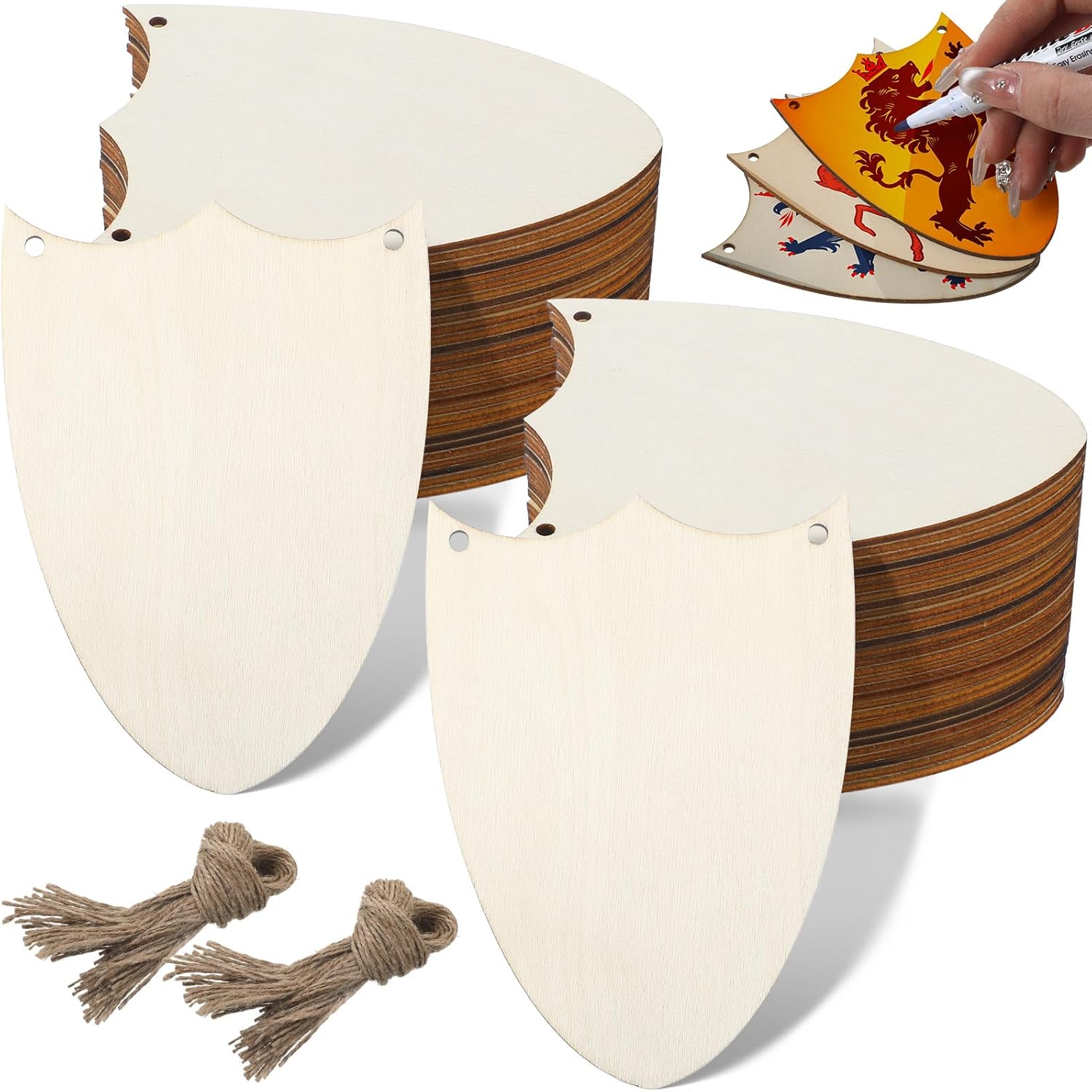 Suzile 48 Pcs Wood Shield Bulk Decorate Shield Cutout Crafts Set Unfinished Wooden Gift Tags Knight Party Father's Day Favors Ornaments with Hole Hemp Ropes for DIY Door Birthday Party