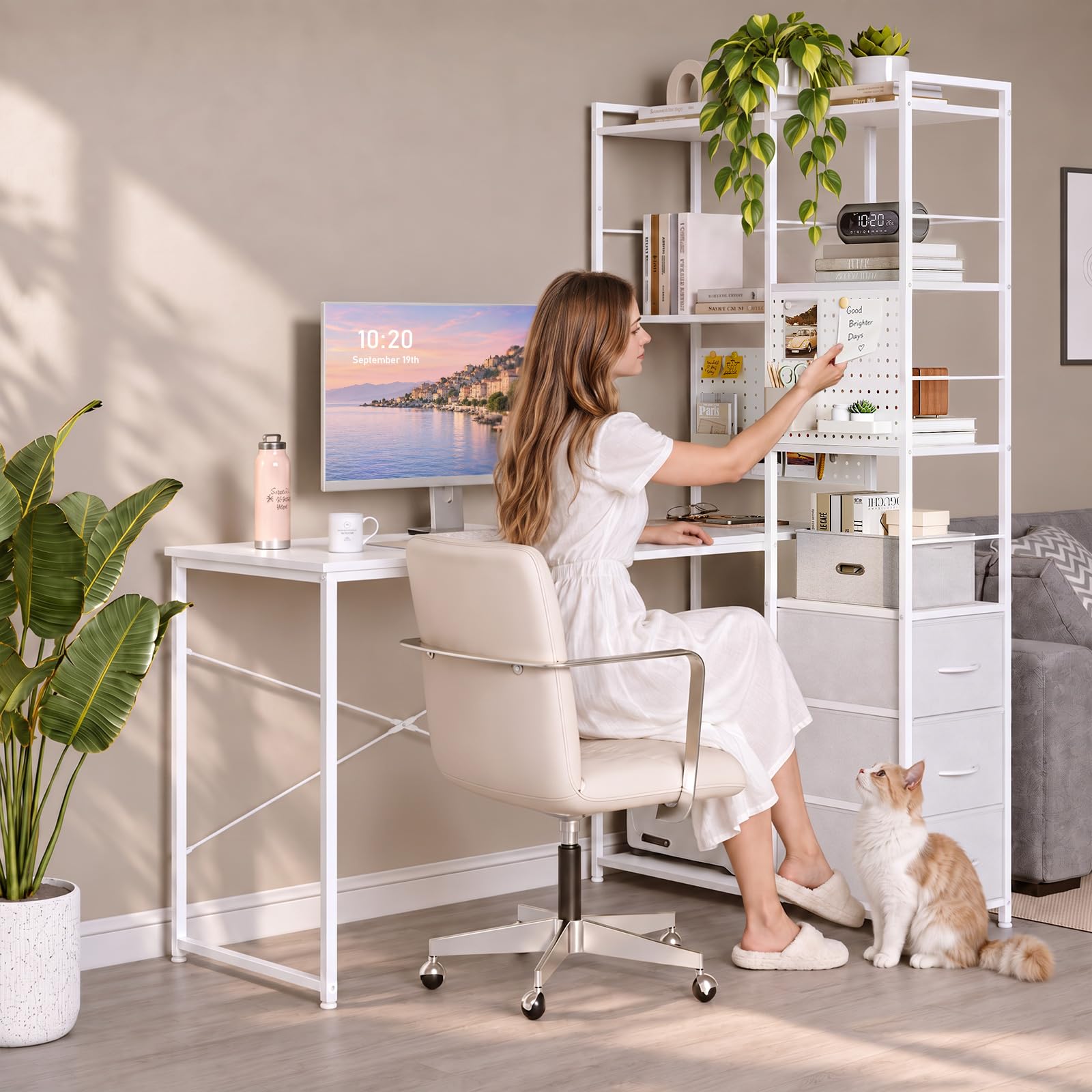 Coleshome Scrivania angolare con libreria, cassetti e supporto PC, Bianco