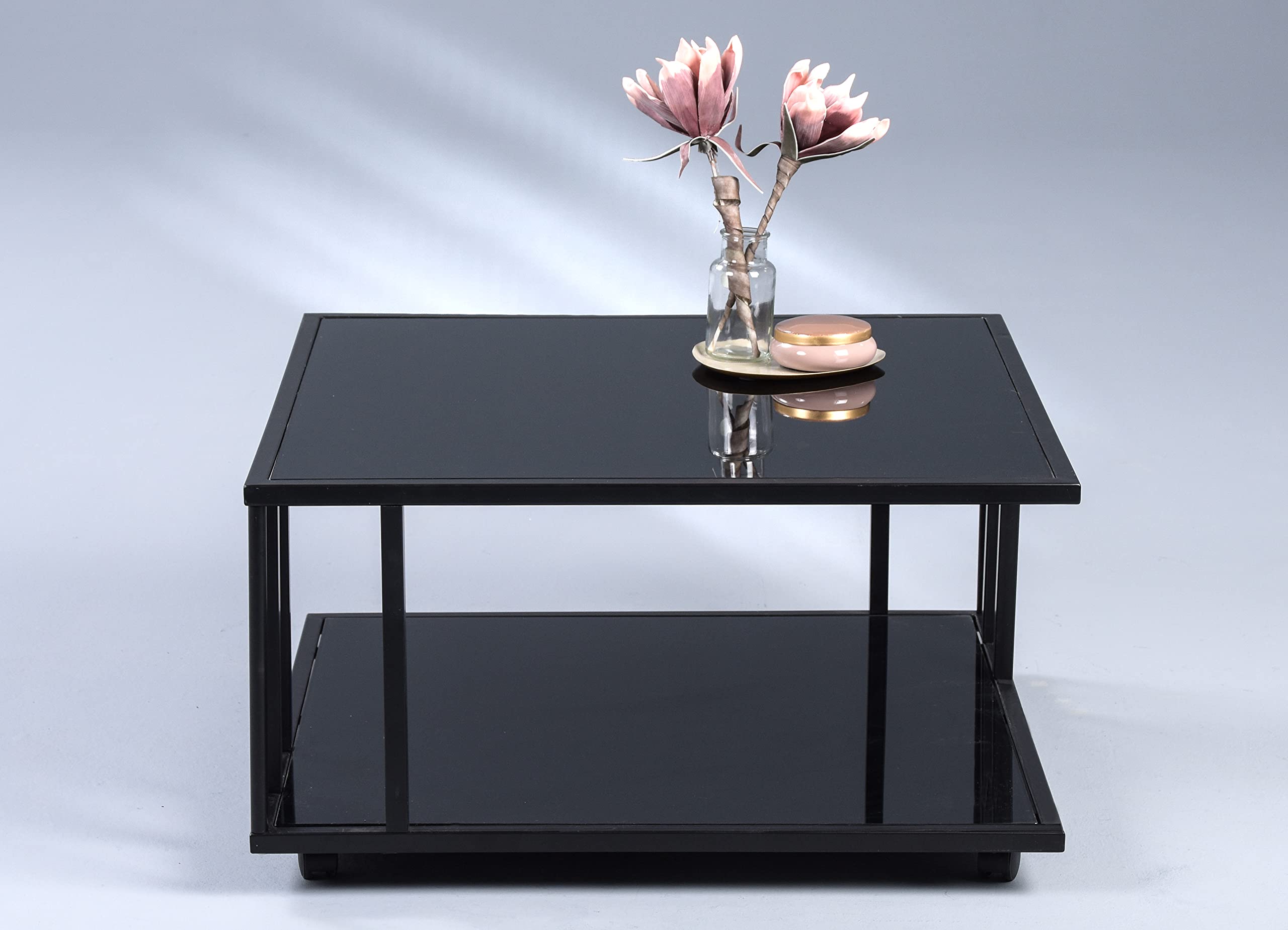 M2 Kollektion Paris 2 – Moderner Couchtisch 75x41x75 cm | Deck- und Ablageplatte aus 6 mm schwarz lackiertem Glas | Metallgestell auf Rollen