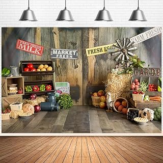 Vintage Farmers Market Backdrop for Photography Farm Warehouse Vegetables Fruit Children Birthday Party Decoration Rustic Wood Vegetables Fruits Store Background (7X5FT)