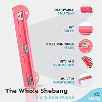 Vista 3 de Perforadora portátil de 3 agujeros rosa para carpeta de 3 anillas, capacidad de 3 hojas, bandeja de virutas extraíble, regla de 10 pulgadas para Azul