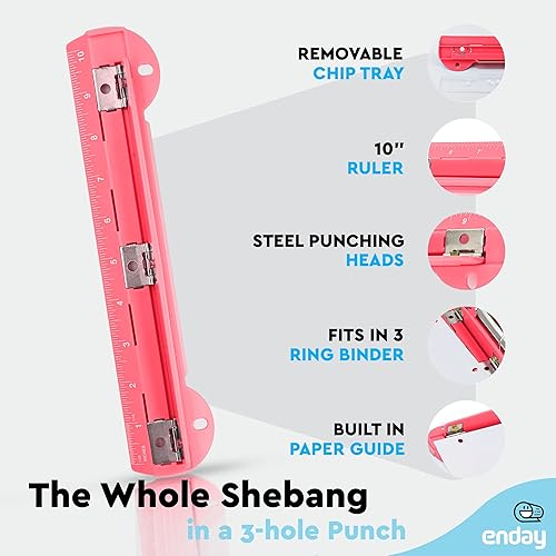 Miniatura 3 de Perforadora portátil de 3 agujeros rosa para carpeta de 3 anillas, capacidad de 3 hojas, bandeja de virutas extraíble, regla de 10 pulgadas para