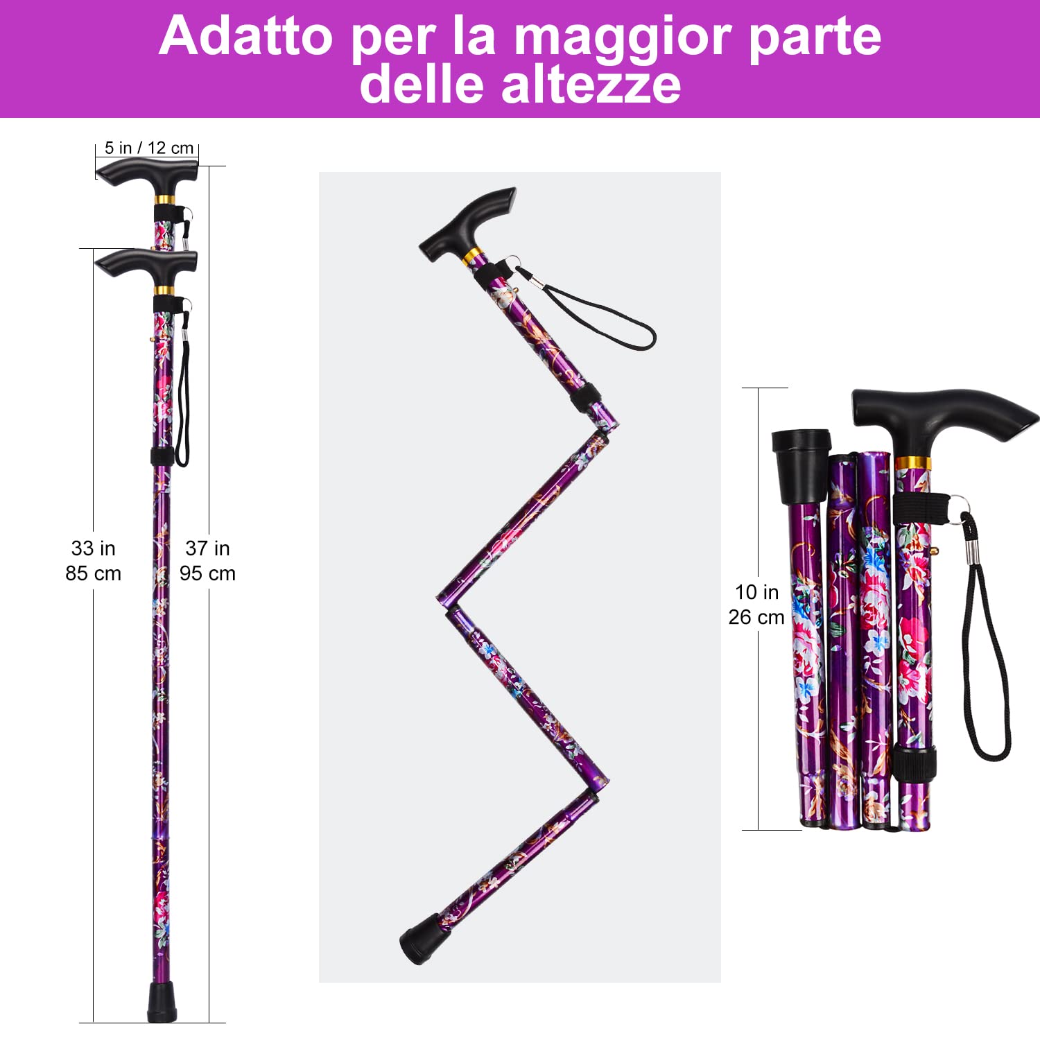 supregear Bastone Pieghevole, Regolabile per Anziani e Adulti, Ausilio per la Mobilità Uomo Donna, Portatile da Viaggio con Cinturino da Polso e Manico a T - 2
