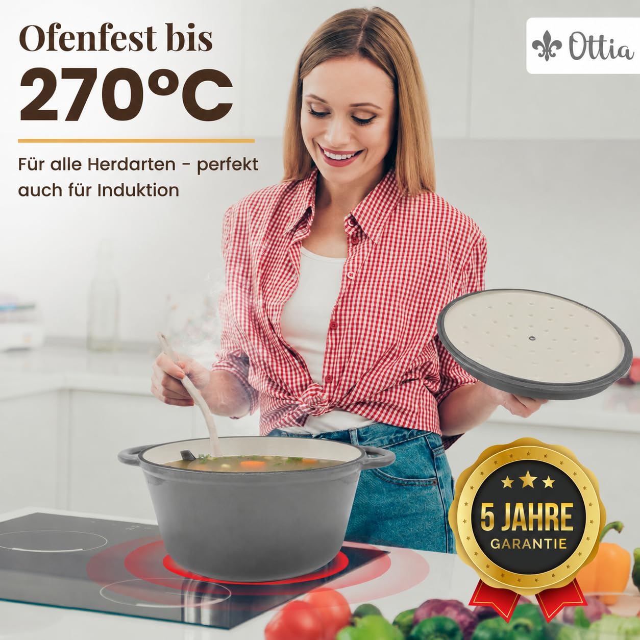 Ottia Gusseisen Topf [inkl. eBook] – Emaille Topf 26cm - Dutch Oven, Brotbackform, Brotbacktopf, Schmortopf Bräter mit Deckel, Bratentopf - auch für Induktion | Händler aus HH, Grau