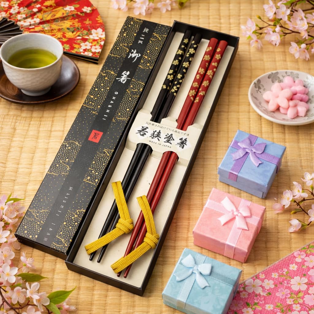Premium Japanese Chopsticks Reusable 2pcs set [ Made in Japan ] Traditional Lacquer Art Wooden Chopsticks B (Gold Flower BK/RD(WH38)) — Amazon image 3