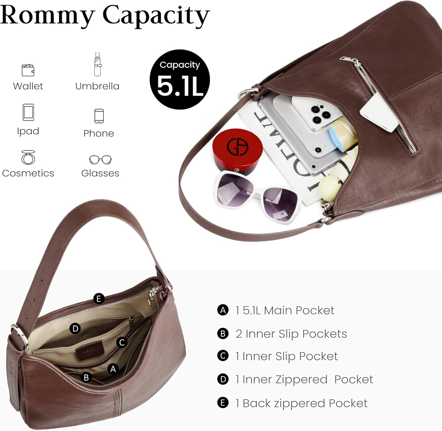 befen Genuine Leather Hobo Bags for Women, Top Grain Real Leather Women's Shoulder Bag Handbags Purses with Adjustable Strap - Image 5