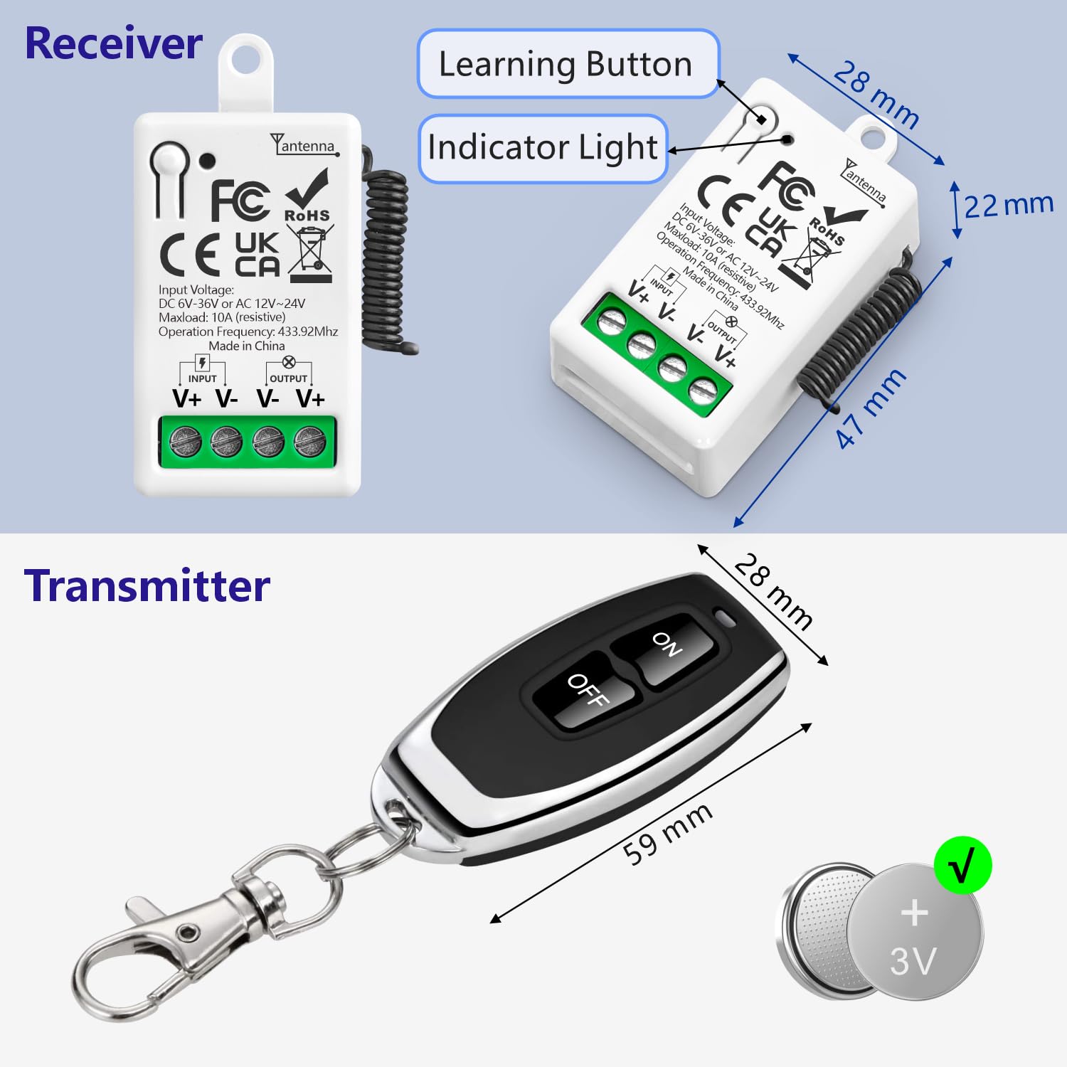 Interruptor de control remoto inalámbrico de 433 MHz CC 6V 24V 36V CA 12V 24V 10 A receptor de relé y 2 transmisor para iluminación LED de electrodomésticos