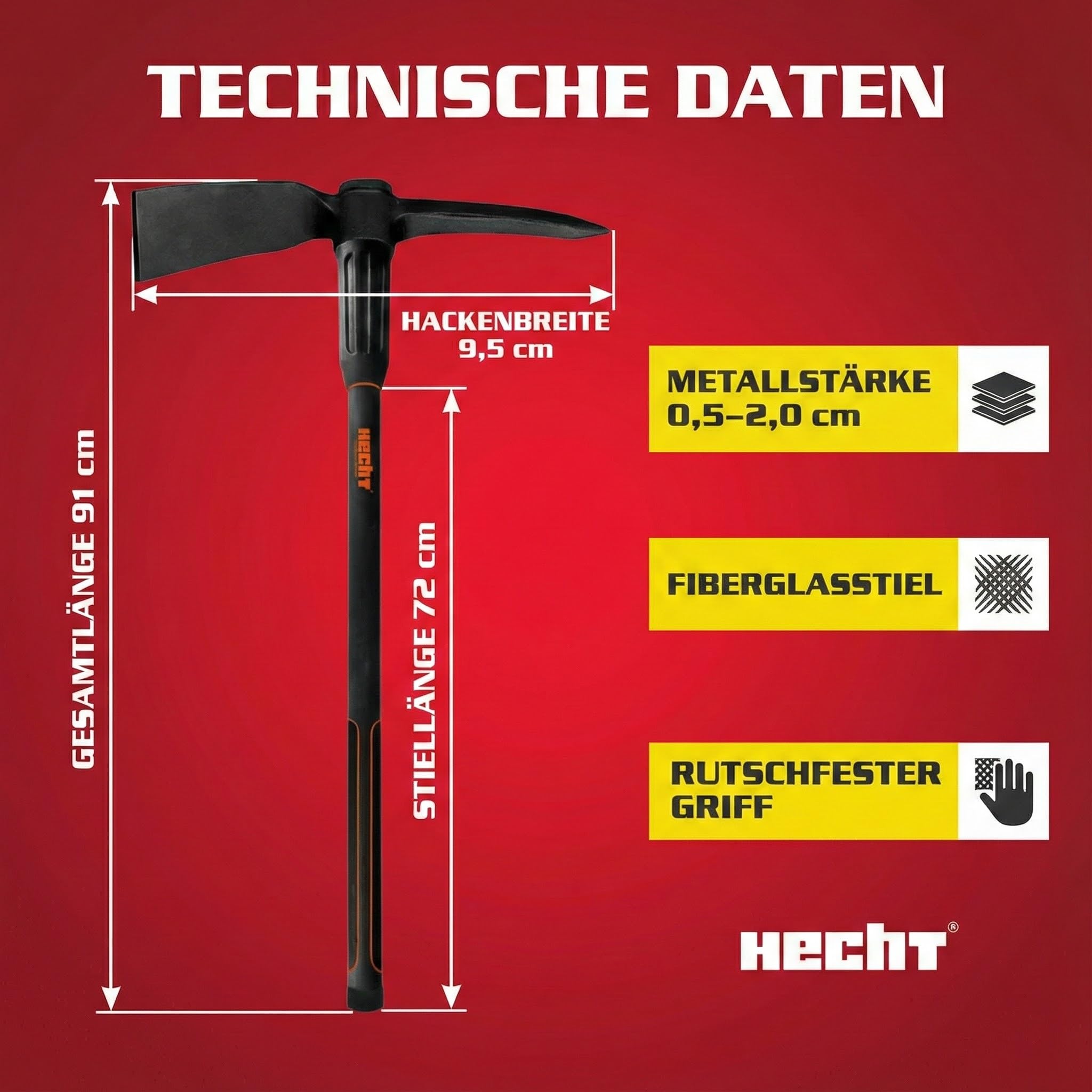Hecht Spitzhacke groß - Gartenhacke mit Stiel 91cm Länge - Kreuzhacke (Spitze und flache Schneide) mit rutschfestem Griff und Glasfaserkernstiel - Werkzeug Hacke Garten für ideale Bodenbearbeitung