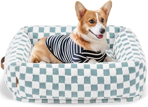 Cute Dog Bed for Small Medium Dogs - Washable Rectangle Pet Bed with Removable Cover and Nonskid Bottom, Cute Calming Puppy Bed Soft Pet Sofa, Blue Grid, 28x24x7in