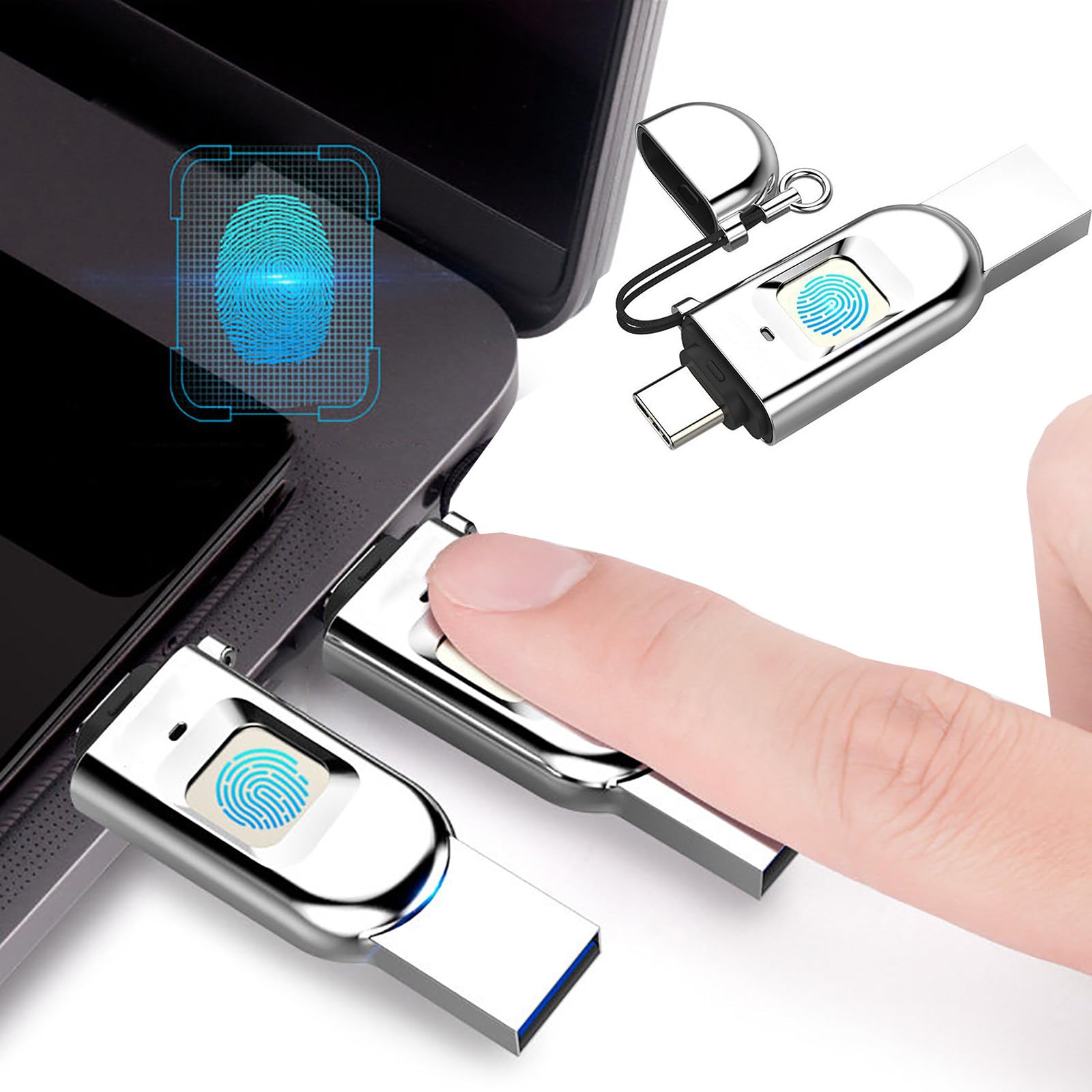 Pamięć Usb Z Czytnikiem Linii Papilarnych 32GB/64GB/128GB/256GB, Dysk Flash USB 3.0, Z Interfejsami Usb-C Oraz USB 3.0, Obsługa Szyfrowania Danych, Szybki Transfer Danych 64GB