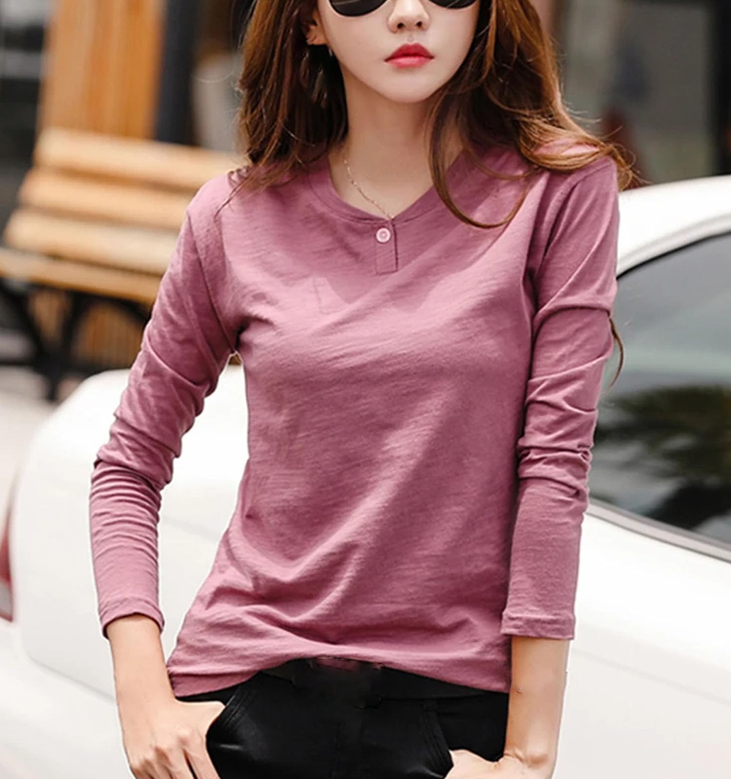 T-shirt da donna a maniche lunghe in cotone con bottoni verde scollo a V T-shirt tinta unita morbida top allentato