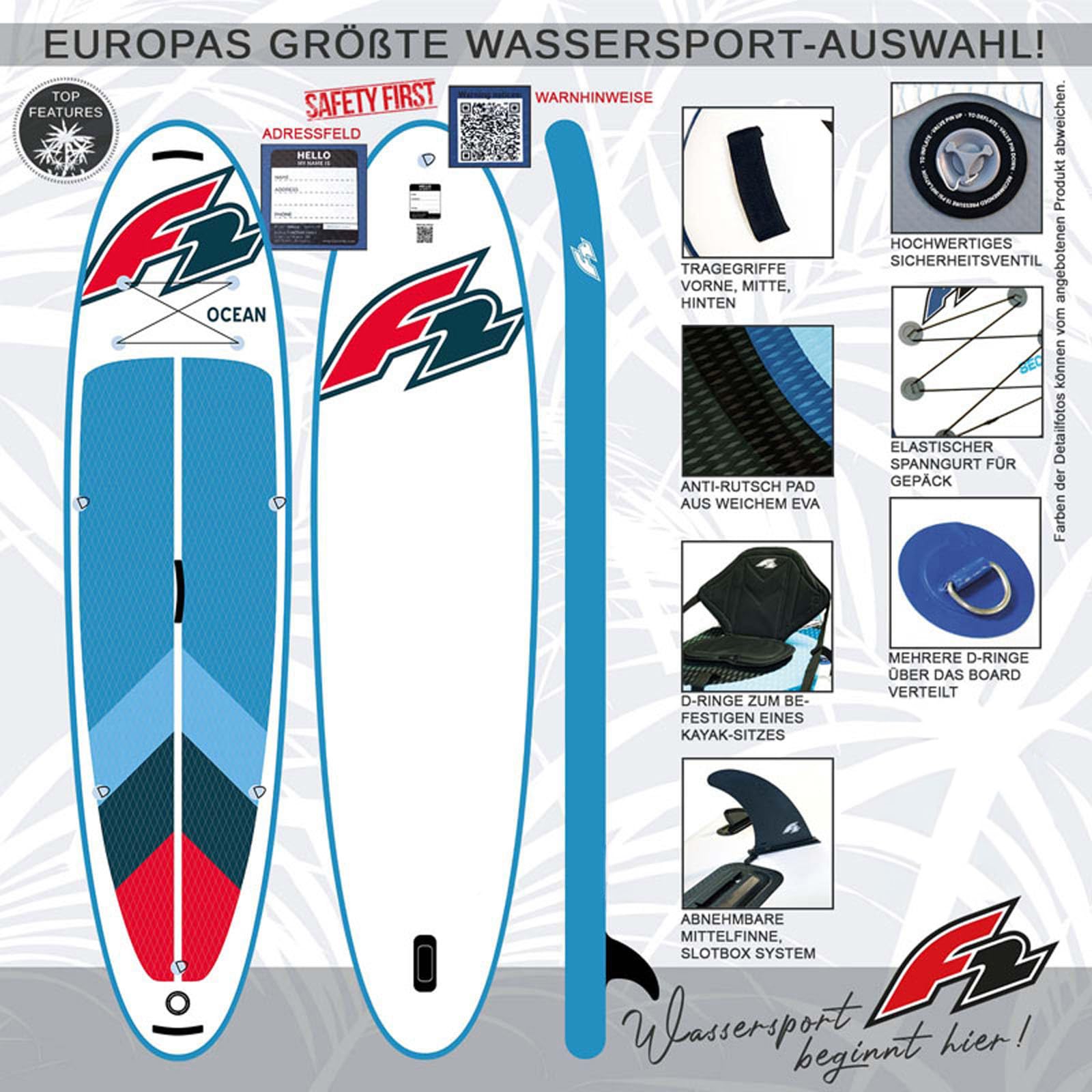 F2 Stand up Paddle Board Ocean LTD SUP Board Only Größe wählbar Rot, neues Modell 2025, stabiles Stand Up Paddling Board, aufblasbar, 3 Finnen System