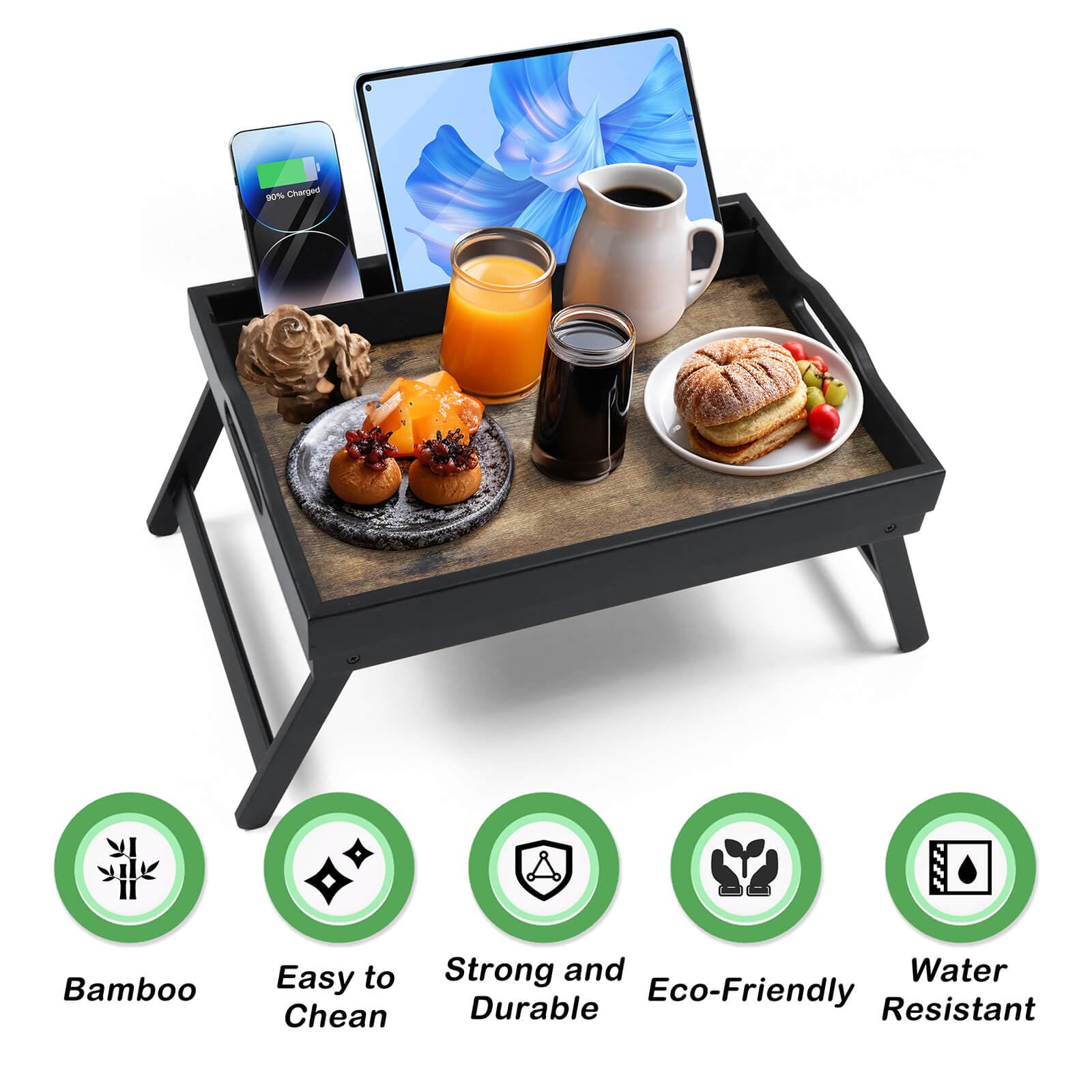 2 Pack Bamboo Bed Tray Table, Breakfast/Serving Trays with Phone & IPad Holders, Bamboo Bed Laptap with Floding Legs & Handles