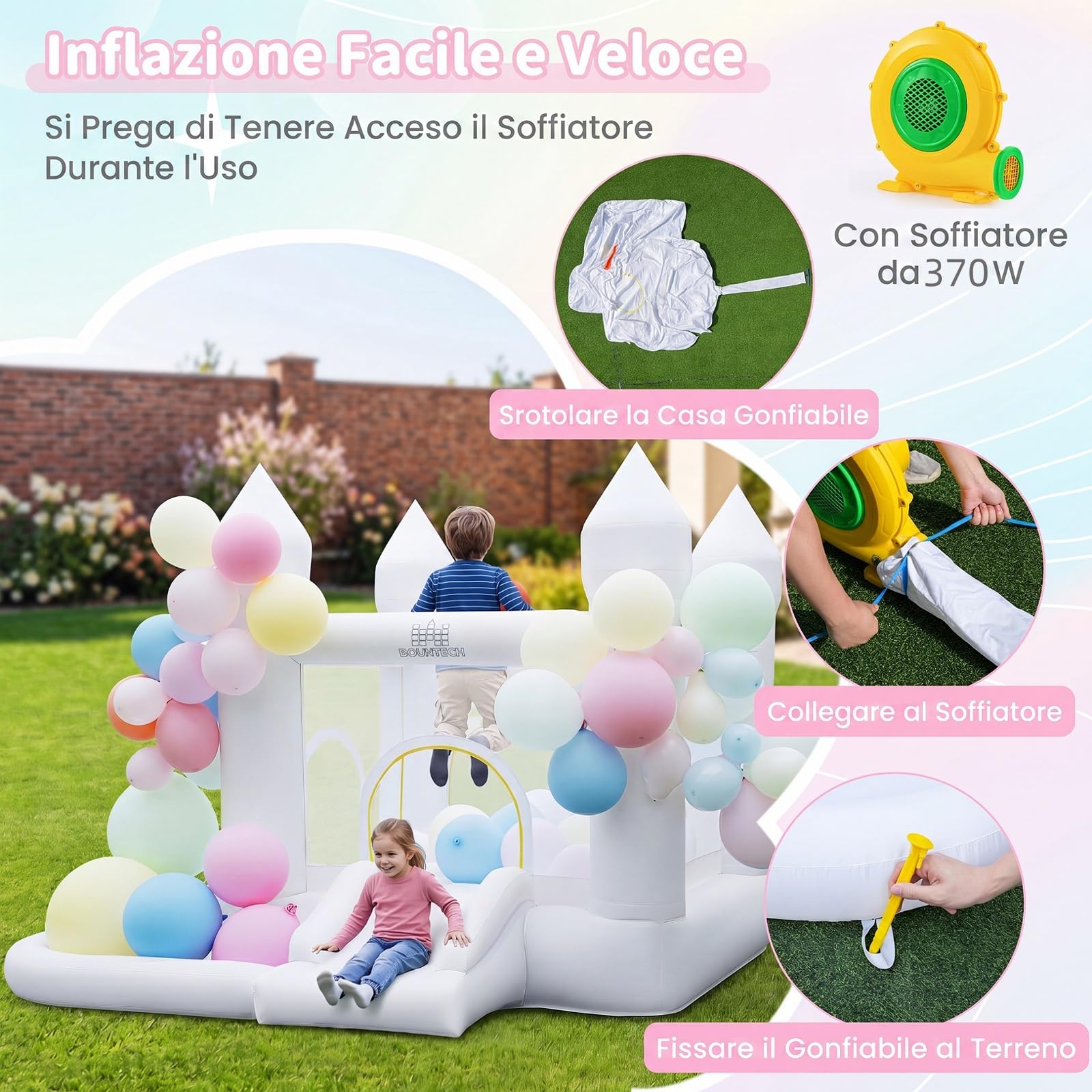 COSTWAY Castello Gonfiabile con Soffiatore, Trampolino, Scivolo, Piscina | Casa Gonfiabile per Interno ed Esterno con Canestro, 100 Palloncini e Borsa, per Bambini 3-12 Anni, 252 x 242 x 191,5 cm