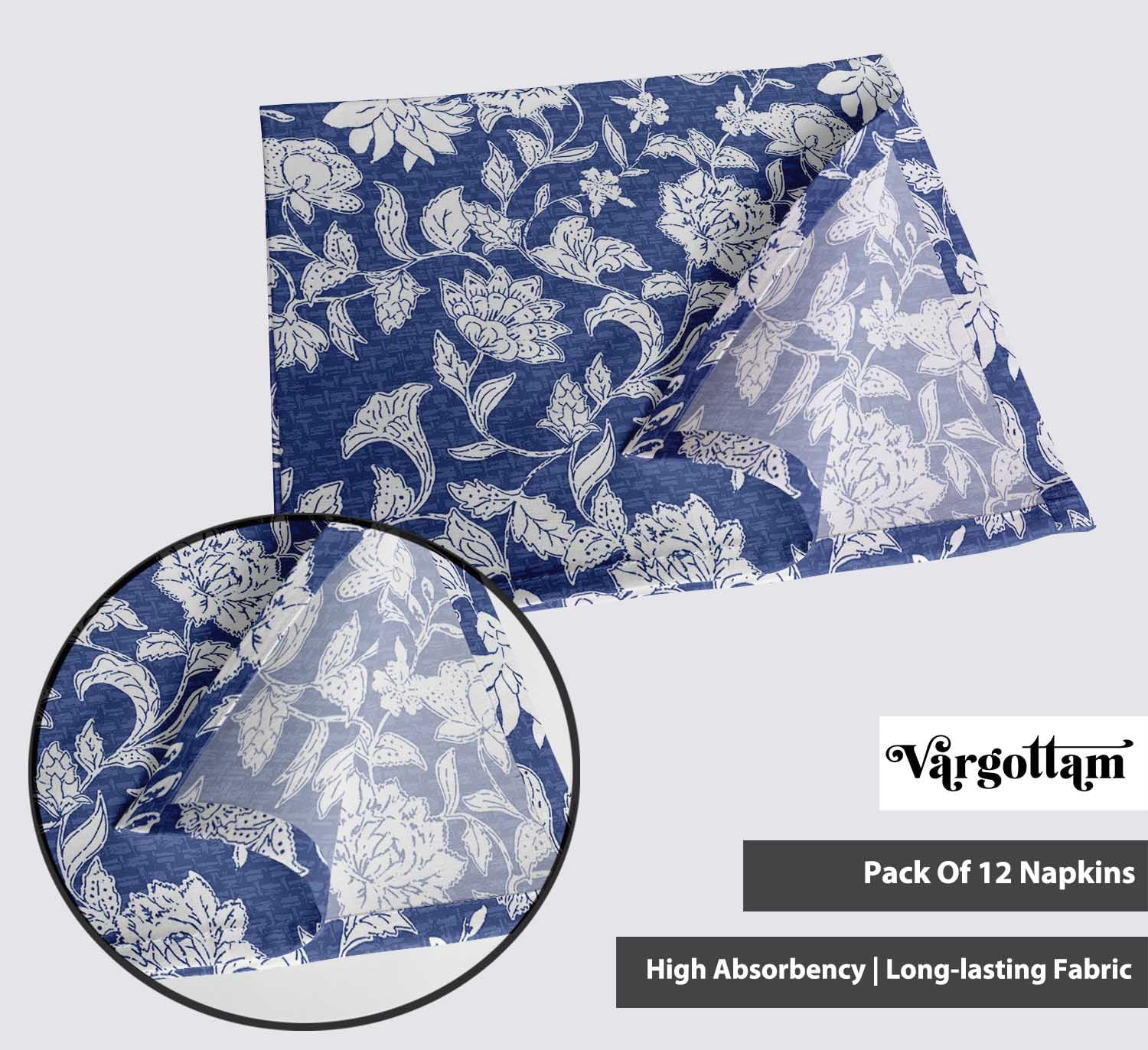 Artisanal Floral Block Print Cotton Napkin-Set of 4, 20x20 Inches, Blue with White Accents Cloth Napkins, Perfect for Elegant Dining, Brunches, Spring& Summer Gatherings - Machine Washable