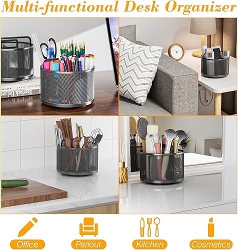 Miniatura 4 de LUCYCAZ Portalápices de metal giratorio de 360 grados para escritorio, vaso giratorio con 5 ranuras, organizador de bolígrafos de escritorio de