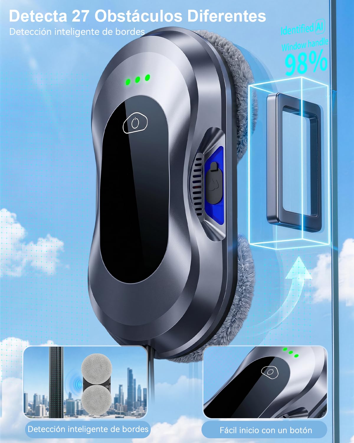 Keero Robot Limpiacristales, Lavado de Ventanas con Doble Boquilla y Potencia de Succión de 6000 Pa 2026 Mejorado, 3 Modos de Limpieza, Tanque de Agua 60ml, Limpia Cristales Electrico Ventanas