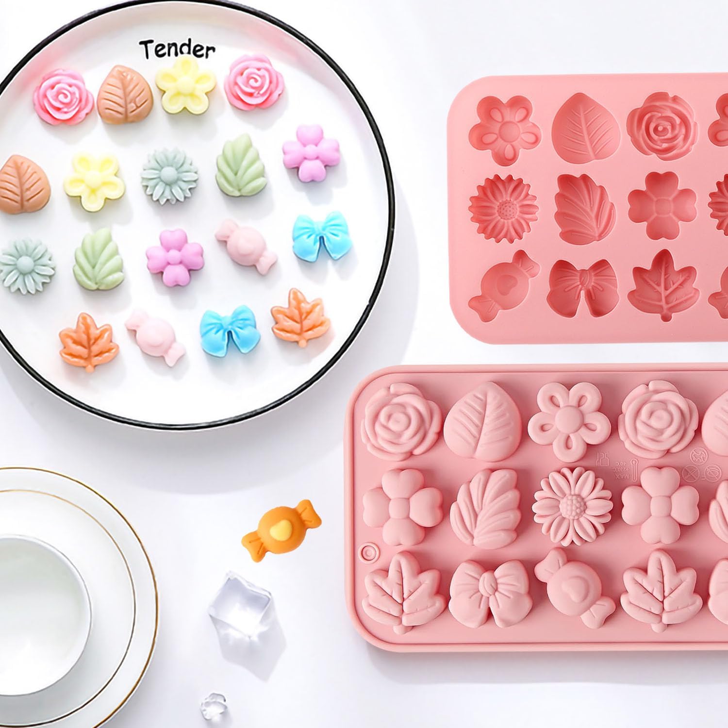 2PCS Flower Silicone Molds, 3D Daisy Rose Leaf Candy Chocolate Molds, Fondant Mold for Cake Cupcake Decorating, DIY Chocolate, Gummies, Jello, Desserts, Soap, Crafts