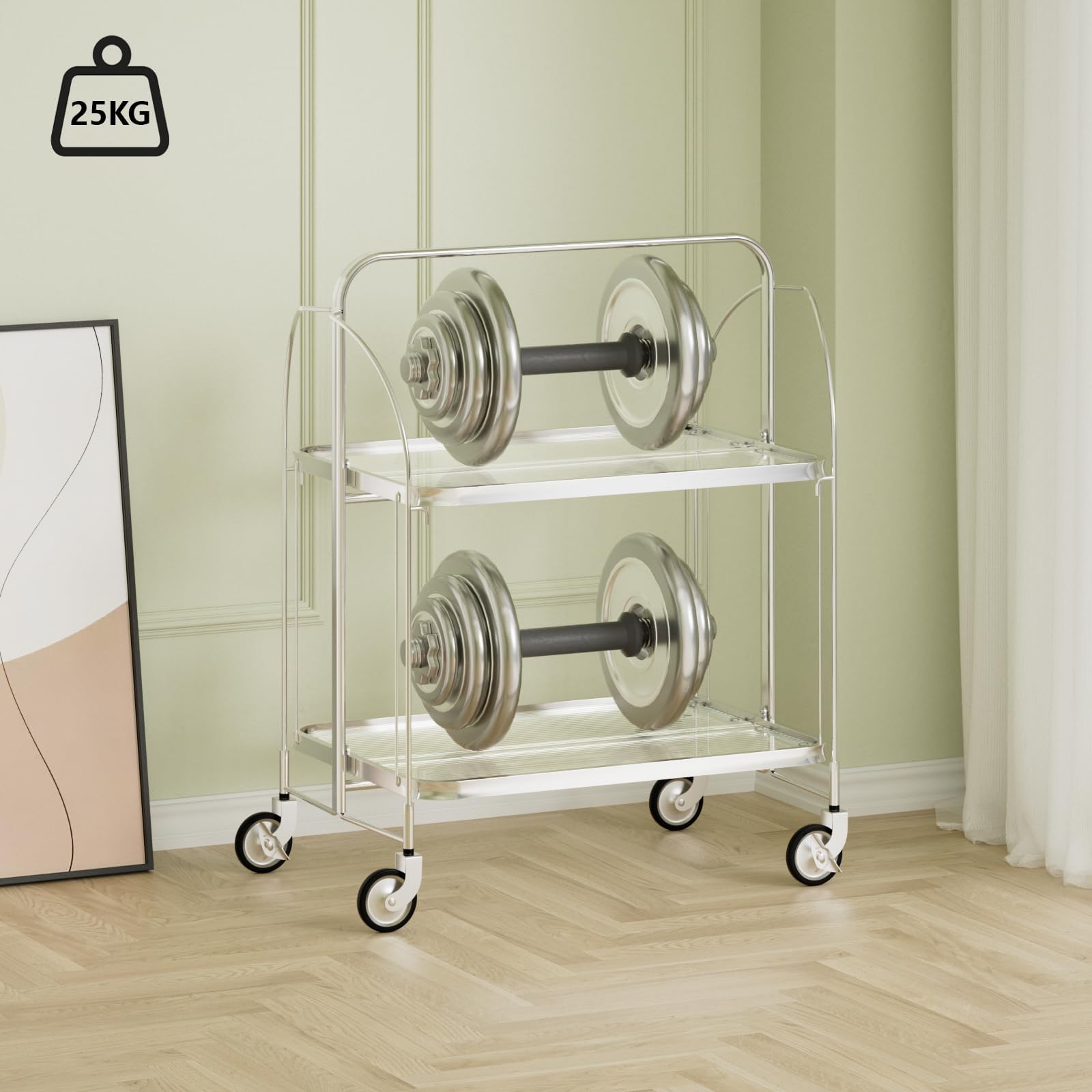 Servierwagen mit Rollen, Servierwagen Klappbar, Dinett 2 Tier Ablagekorb aus Temperglas with Wheels, für Küche, Barwagen, Rollwagen Metall, Teewagen, Weinwagen, moderner Getränkewagen