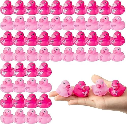 Haooryx 60 piezas de cinta rosa mini patos de goma para concientización sobre el cáncer de mama, cinta rosa, mariposa, esperanza, pequeños patos
