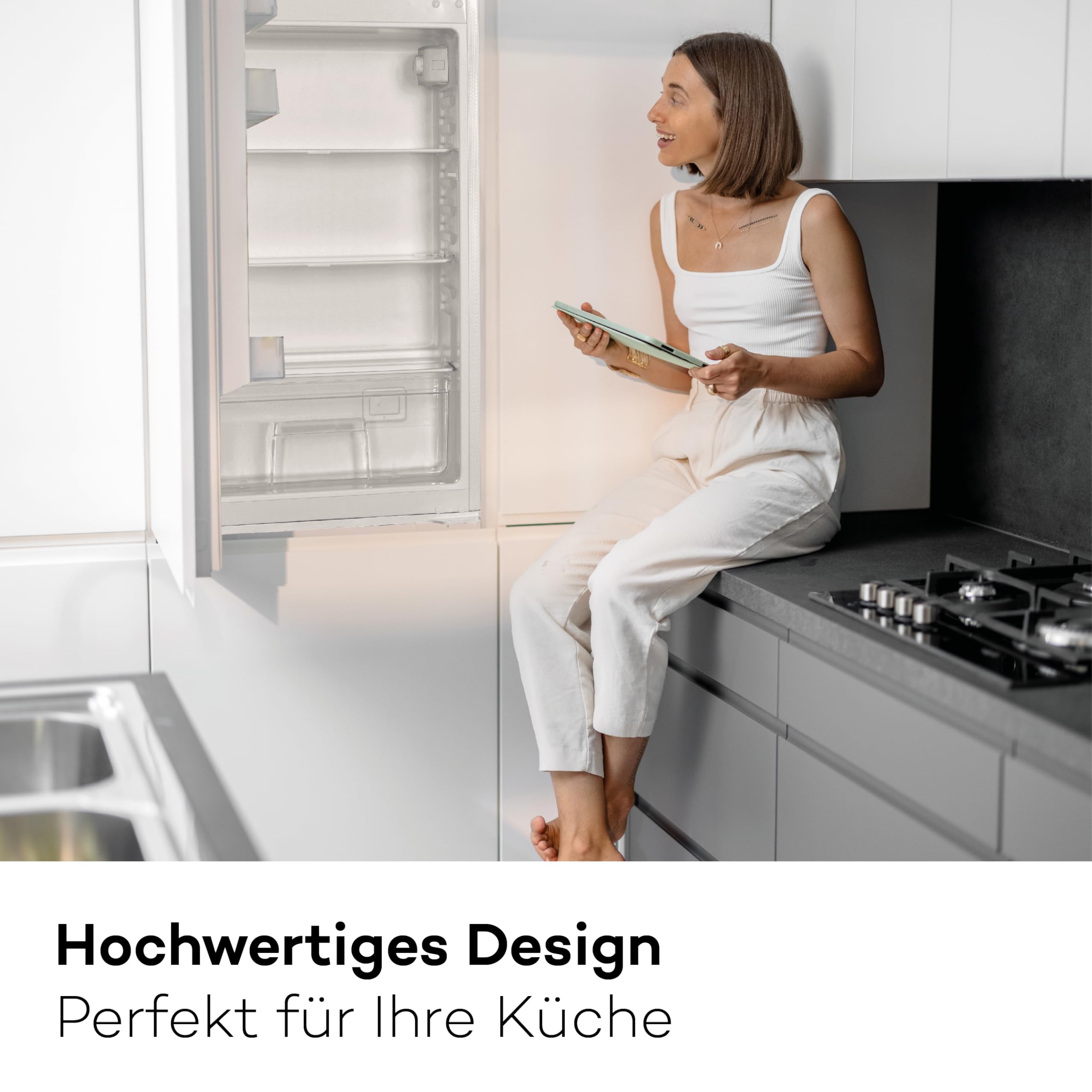 SCHOEPF – KSE510A+ Einbau-Kühlschrank 129 L – Leise 39 dB – Automatisches Abtauen – 88 x 54 x 54 cm – Wechselbarer Türanschlag – Vollraum-Kühlschrank mit Glasablagen und Gemüseschublade