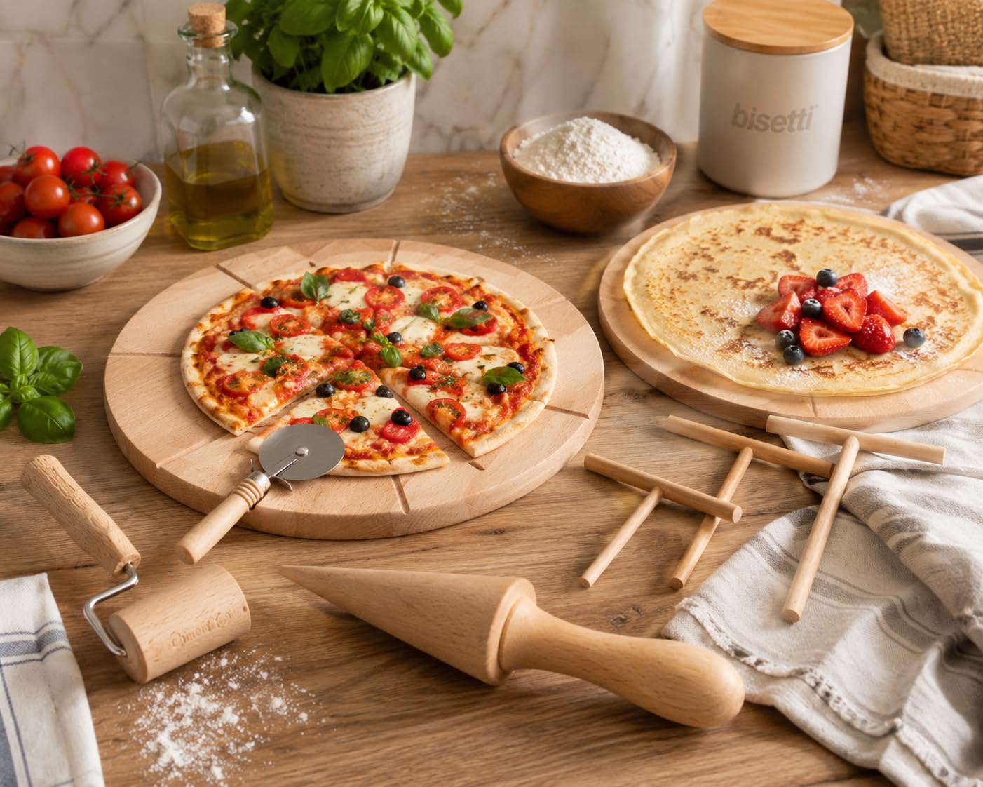 Bisetti - Set per pizza e crepe, grande, in legno