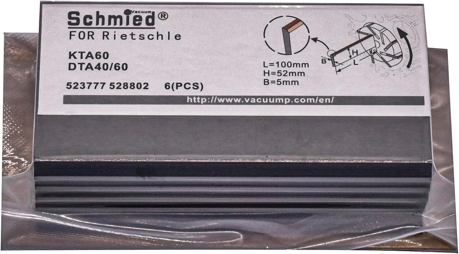 6Pcs Carbon Vanes 523777 528802 for Rietschle Vacuum Pump DTA40, DTA60, KTA60 100-52-5mm