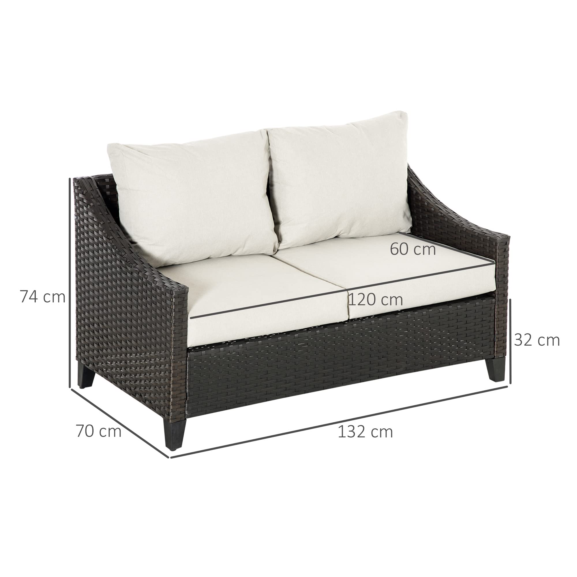 Outsunny Divano da Giardino 2 Posti in Rattan PE, Divano da Esterno con Cuscini Imbottiti e Piedini Regolabili, 132x70x74cm, Marrone