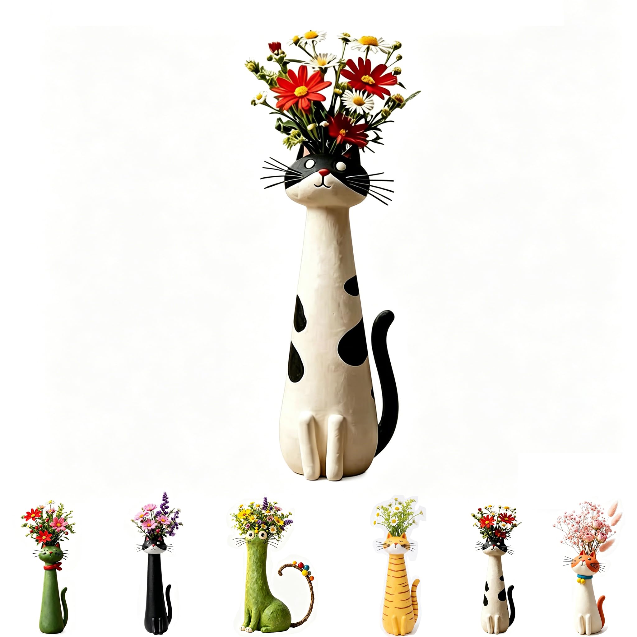 BRTNUP Handcrafted Quirky Cat Vase, Cute Resin Cat Flower Vase Whimsical Cats Shaped Flower Vase for Home Office Desk Decor Handmade Quirky Cats Shaped Vase Unique Gift for Catss Lovers (Black White)