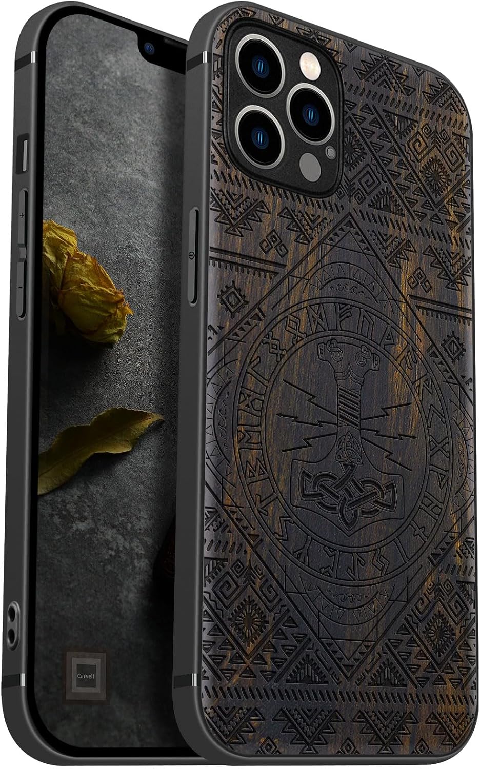 Carveit Magnetic Wood Case for iPhone 12 Pro Max Case [Natural Wood & Black Soft TPU] Shockproof Protective Unique & Classy Wooden Cover Compatible with MagSafe (Mjollnir -Blackwood)