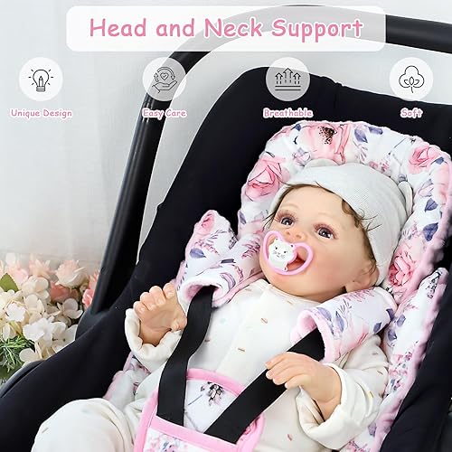 Miniatura 5 de SWESEN Inserto de asiento de automóvil infantil con 3 fundas de correa, soporte para la cabeza del asiento de automóvil para niñas, suave cojín 3 en