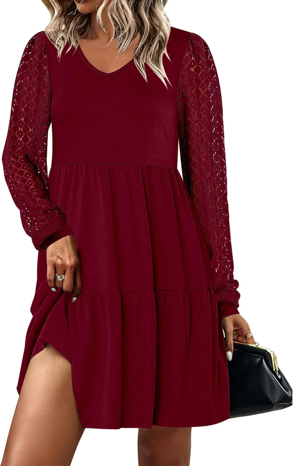ANRABESS Dresses for Women Casual Lace Long Sleeve V Neck Tiered Swing Flowy Loose A-line Mini Short 2025 Fall Vacation Dress